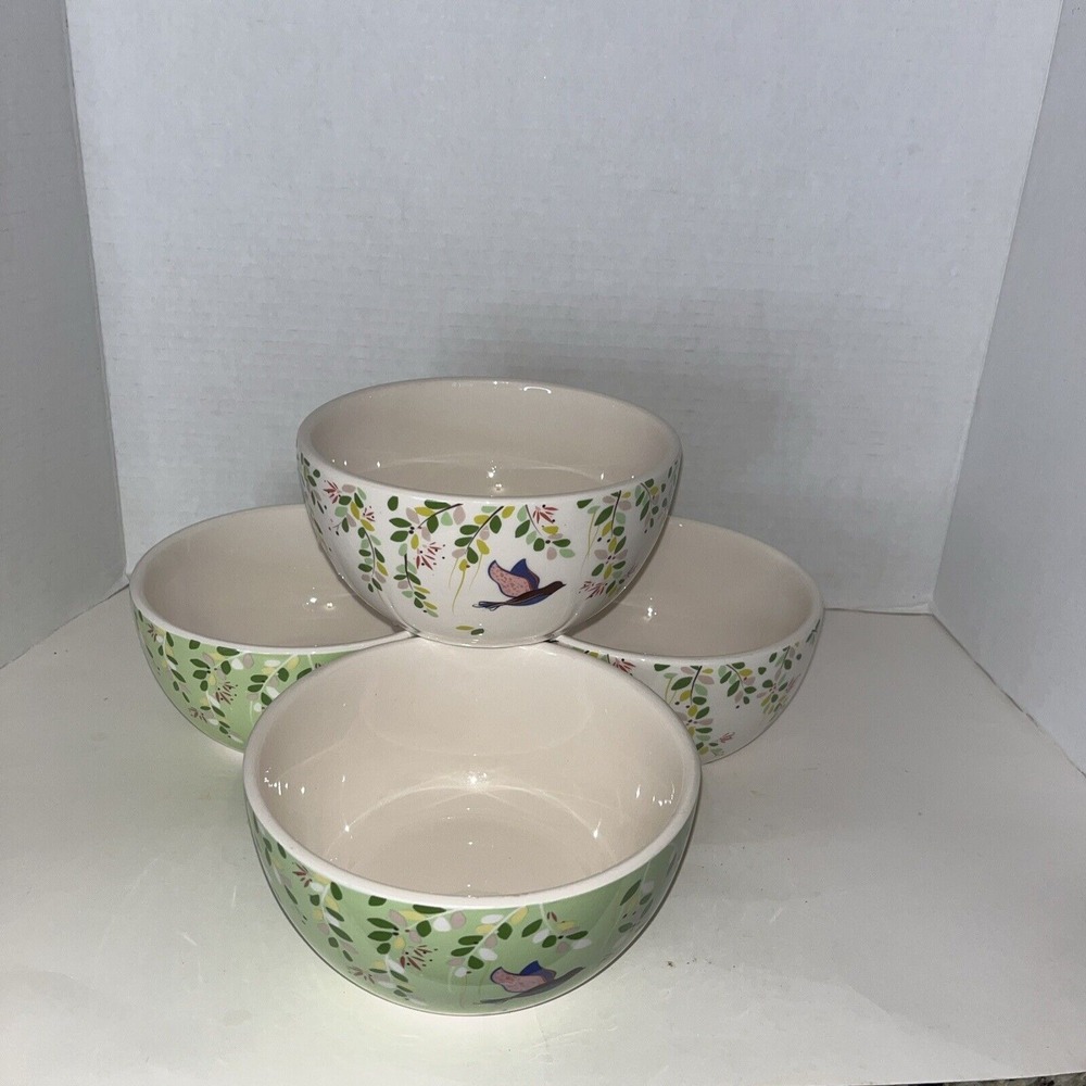 Bico 20 oz Ceramic Bowls Salad Pasta Soup Spring  Foral and‎ Birds Set Of Four